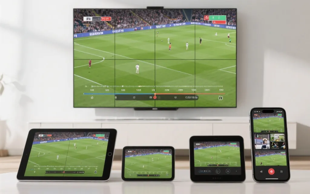 多屏观赛界面示意：电视主画面、手机比分与回放、多机位切换